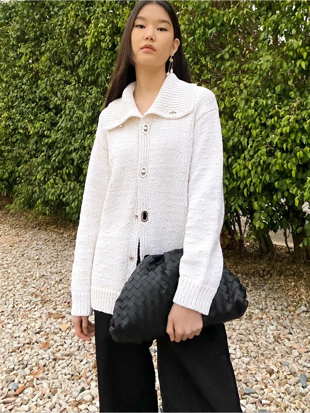 Bottega Veneta Wide Collar Knitted Cardigan Cream Ivory Cotton Quiet Luxury